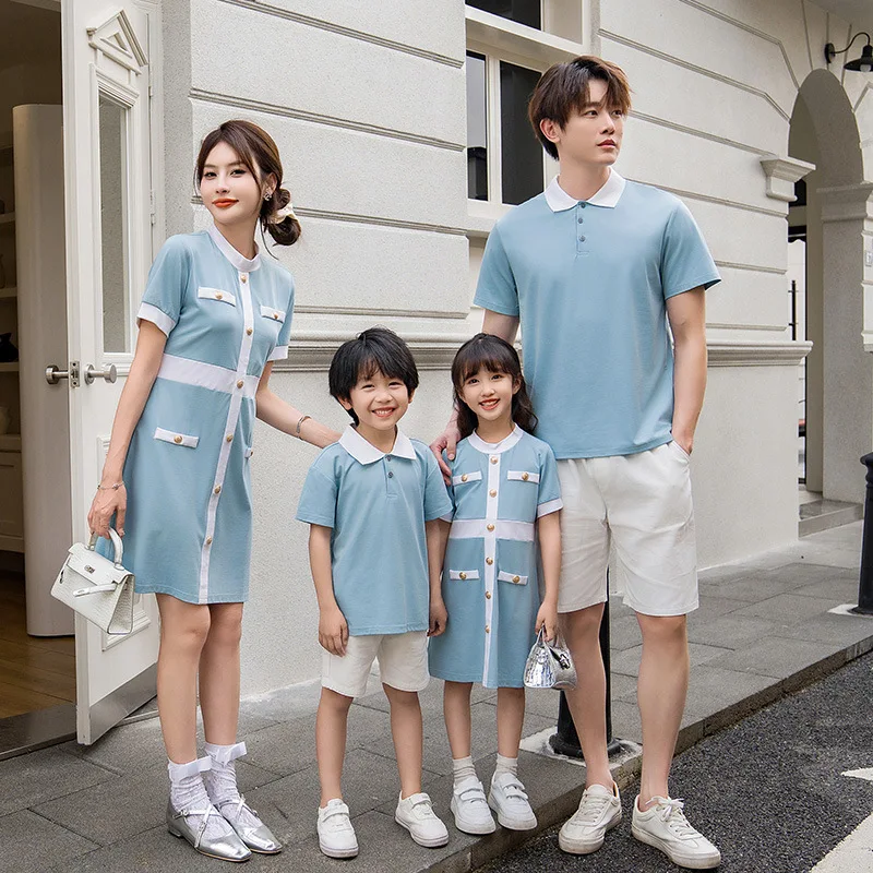 

2024 Summer Family Bule Clothes Mother Daughter Matching Dress Father and Son Polo Shirts Shorts Outfits Brother Sister Clothing