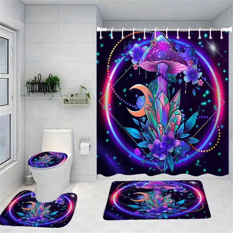 Psychedelic Shower Curtain Horrible Witch Bath Sets Waterproof Non-Slip Bathroom Rug Toilet U  With 12 Hooks Home Deco