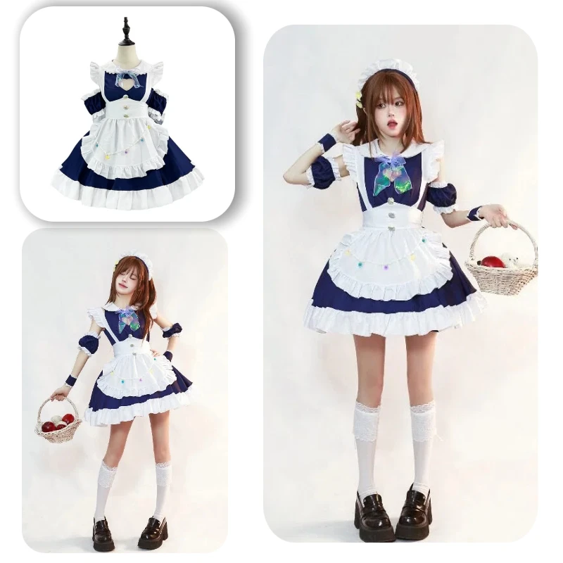 

Japanese-style Maid Uniform Heart-shaped Cutout Dress Navy Blue Costume Lolita Princess Dresses Full Set for Women