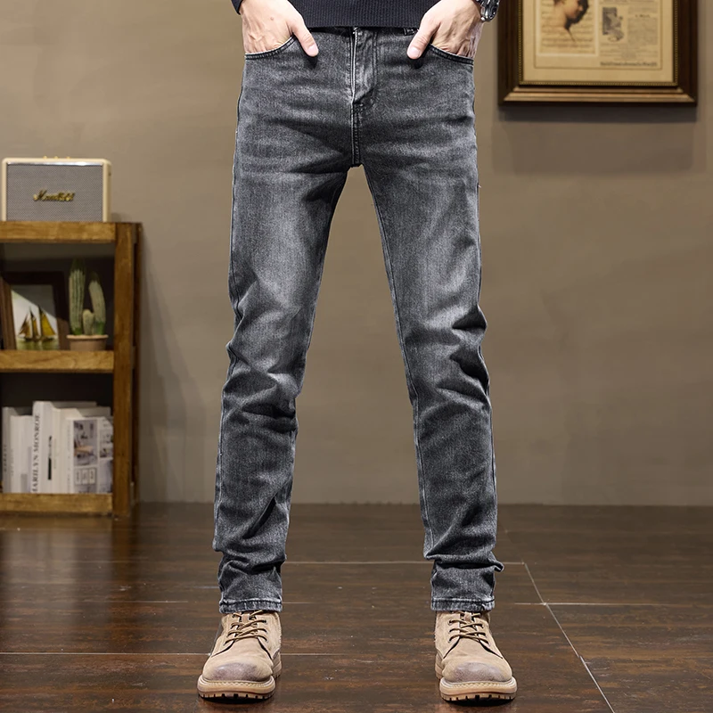 2024 Fall New Men's Cotton Stretch Slim Jeans Straight Version Business Fashion Denim Pants Vintage Blue Brand Trousers Black