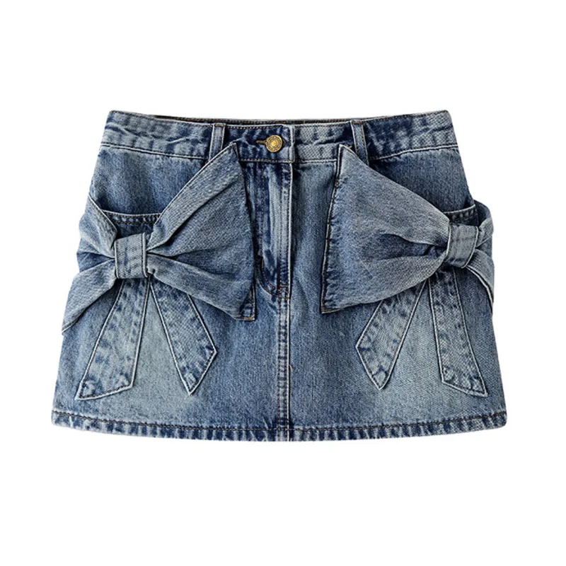 Bow Denim Short Skirt Women American Retro Blue Distressed High Waisted A-line High Street Fashion Washed Pocket Half Skirt New