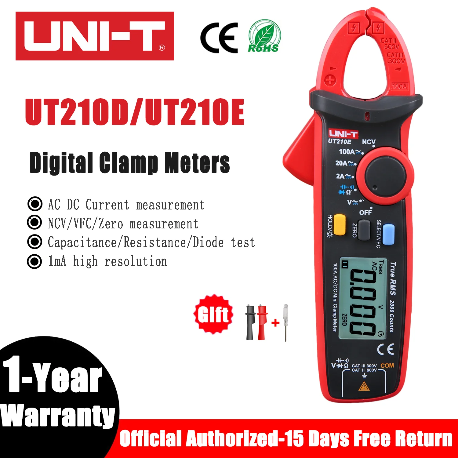 UNI-T UT210E Mini Digitales AC/DC-Strommessgerät Spannungsmessgerät 100A Amperemeter Zangenmesszange Elektrischer Frequenztester