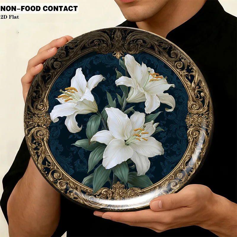 1pc Ceramic Decorative Plate, White Lilies in Golden Frame Art Decorations, (For Decorative Purposes Solely, NON-FOOD CONTACT)