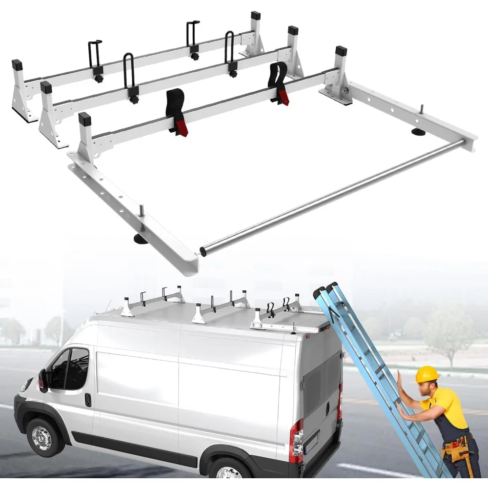 

Heavy Duty Steel Van Roof Rack,Van Ladder Rack with Rear Cargo Roller Fit for 2013-2023 Ram Promaster,White,3 Bars,750lbs