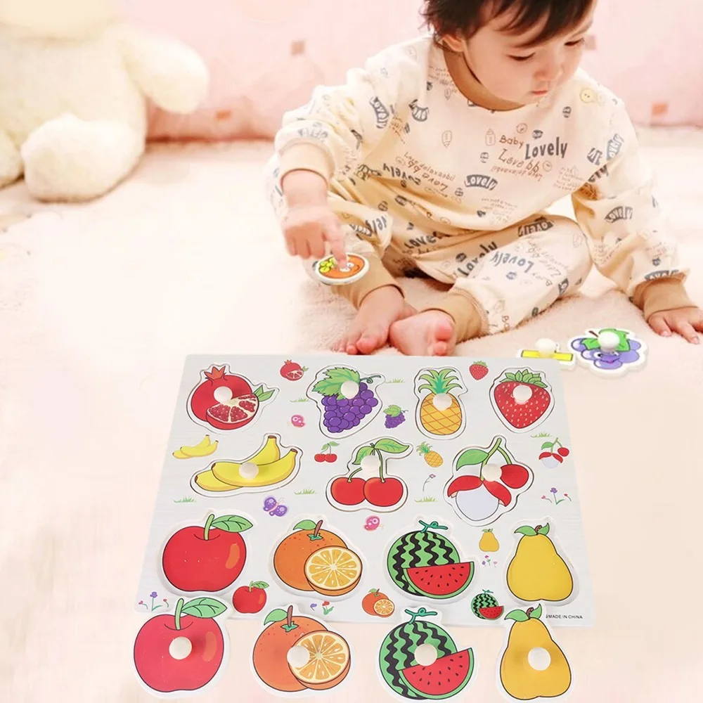 Hand Grip Knob Wooden Puzzle Knob Design Fruit Theme Wooden Cognitive Puzzle Jigsaw Shape Wooden Material Kid Educational Jigsaw