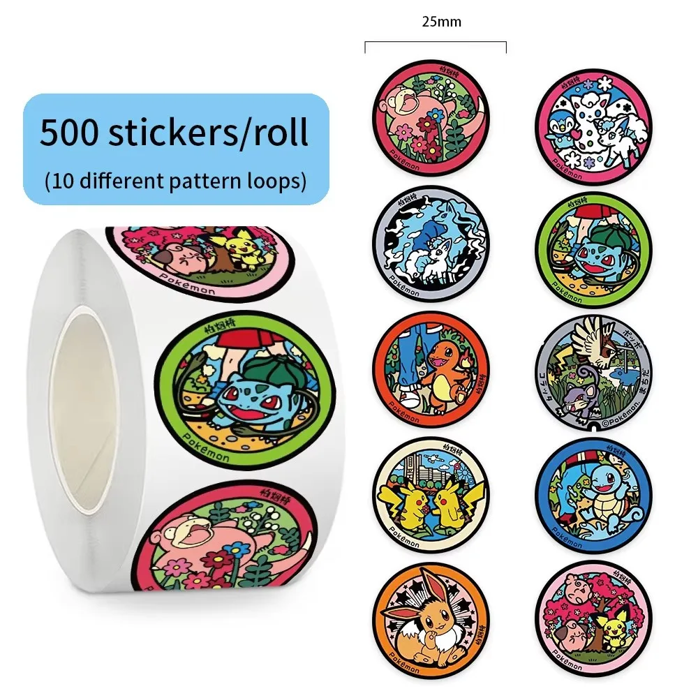 500pcs/Roll Pokemon Cartoon Round Card Sealing Stickers DIY PVC Laptop Decals Decoration Reward Gift Toy