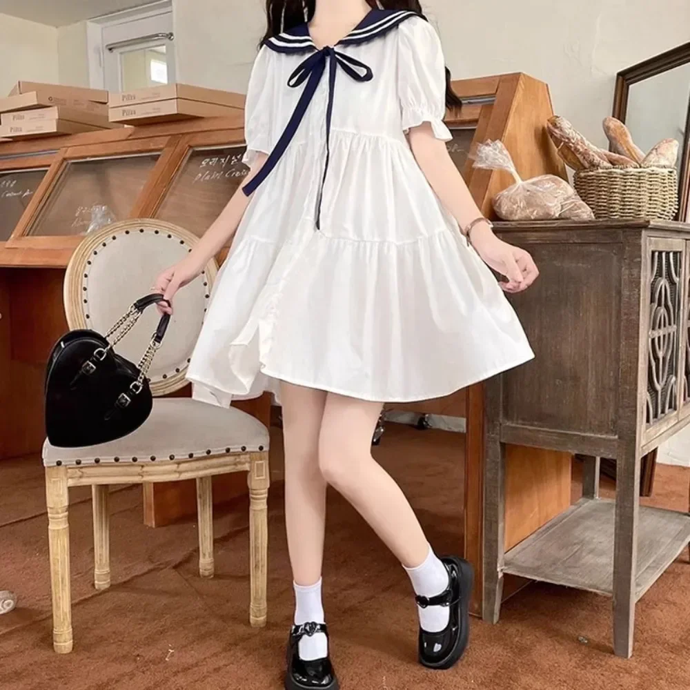 

Women's 2025 Summer A-line Dress - Navy Collar Academic Slim Waist Short Sleeve for Campus Sweet Style Outfits