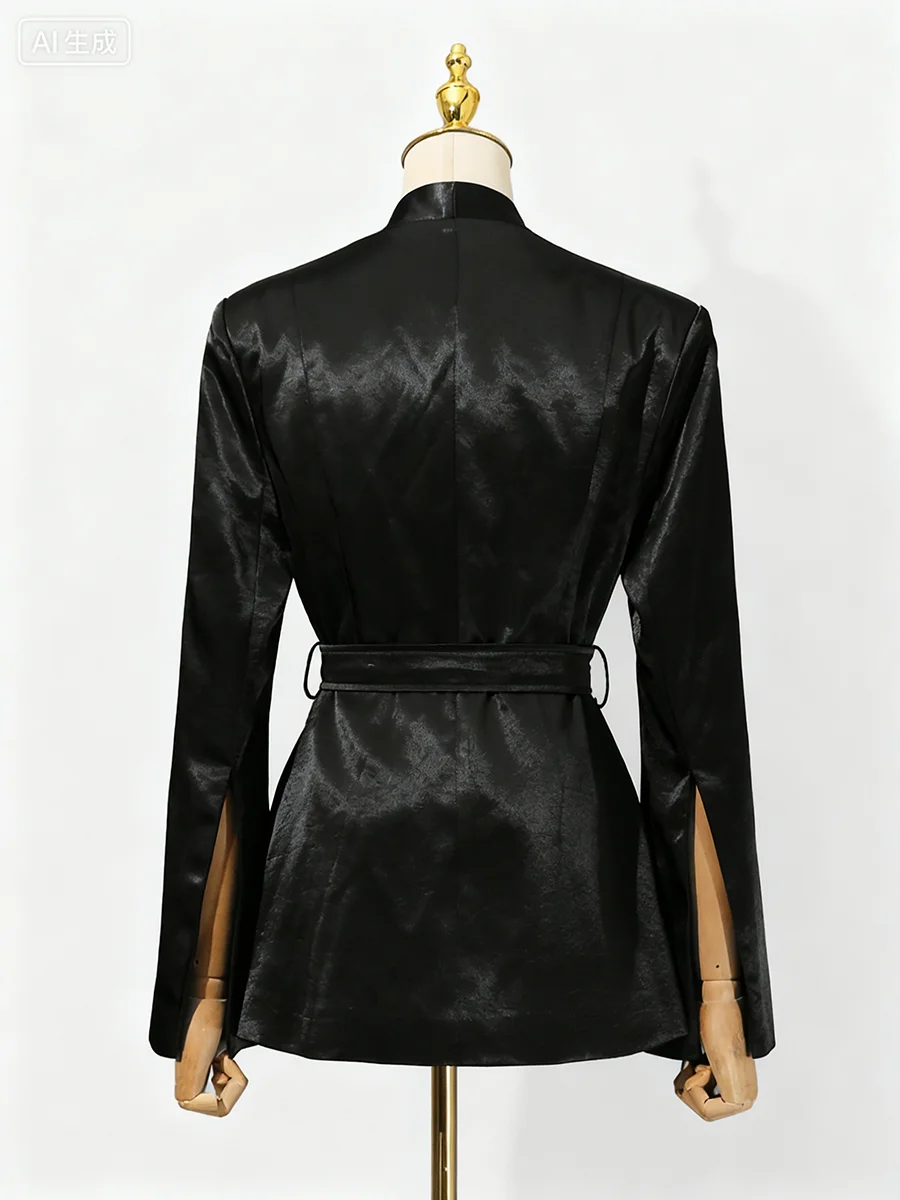 TWOTWINSTYLE Solid Slimming Spliced Belt Minimalist Blazer for Women V Neck Long Sleeves Patchwork Pleating Blazers Female New