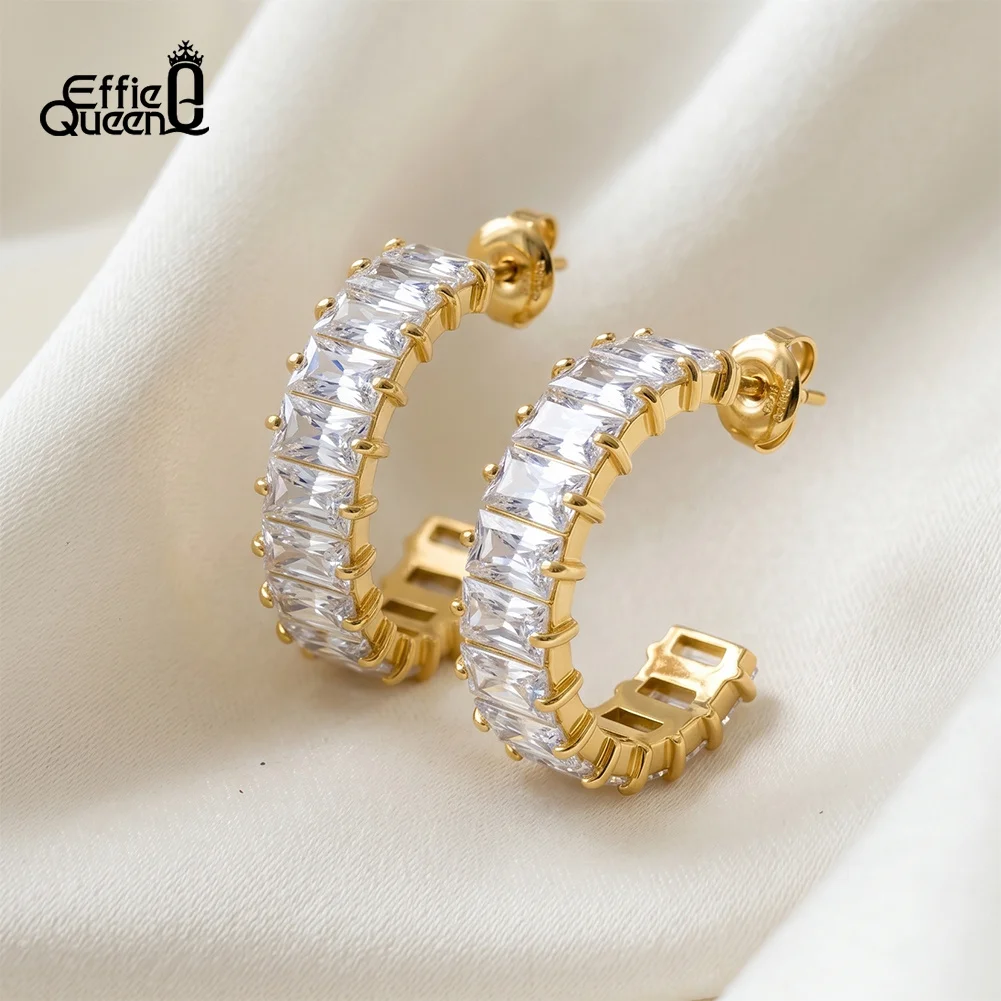 Effie Queen Stainless Steel Trend Unique Design Elegant Zircon Irregular C Shape Hoop Earrings Jewelry Gift Wholesale HTKE03