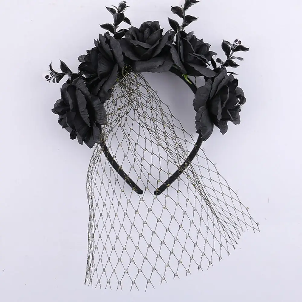 Gothic Halloween Rose Flower Headband Lace Veil Non-slip Rose Hair Hoop Festival Funny Halloween Flower Crown