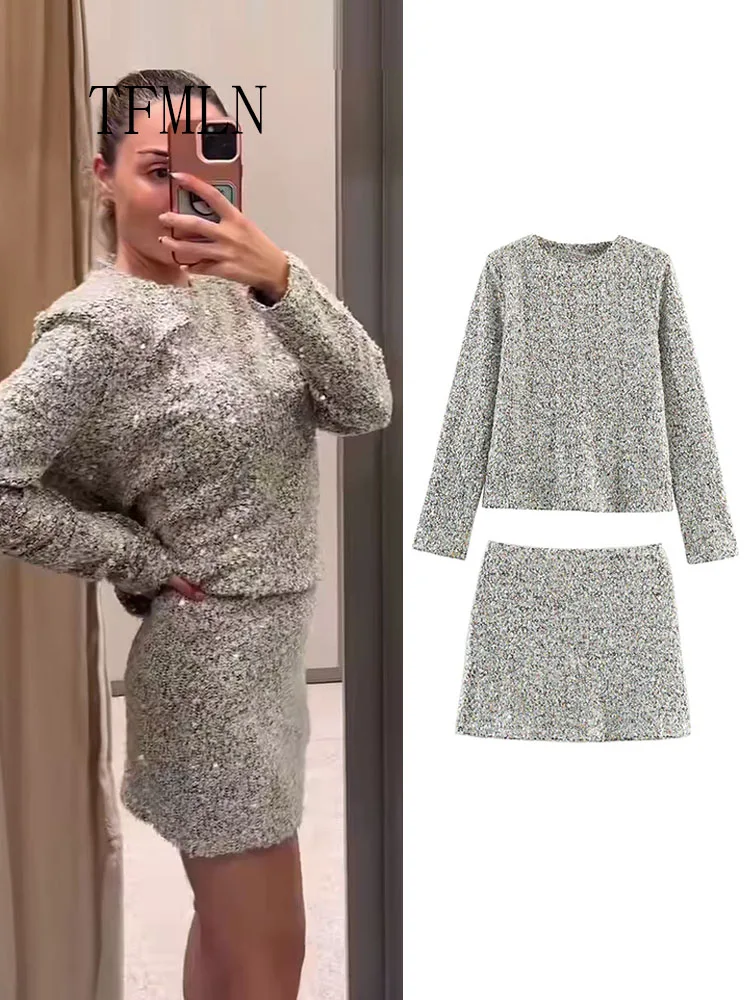 

Fashion Women Sequin Tops Skirt Suits 2026 Spring Chic Causal O-neck Long Sleeve Pullover Shirts High Waist Mini Skirts Outfits