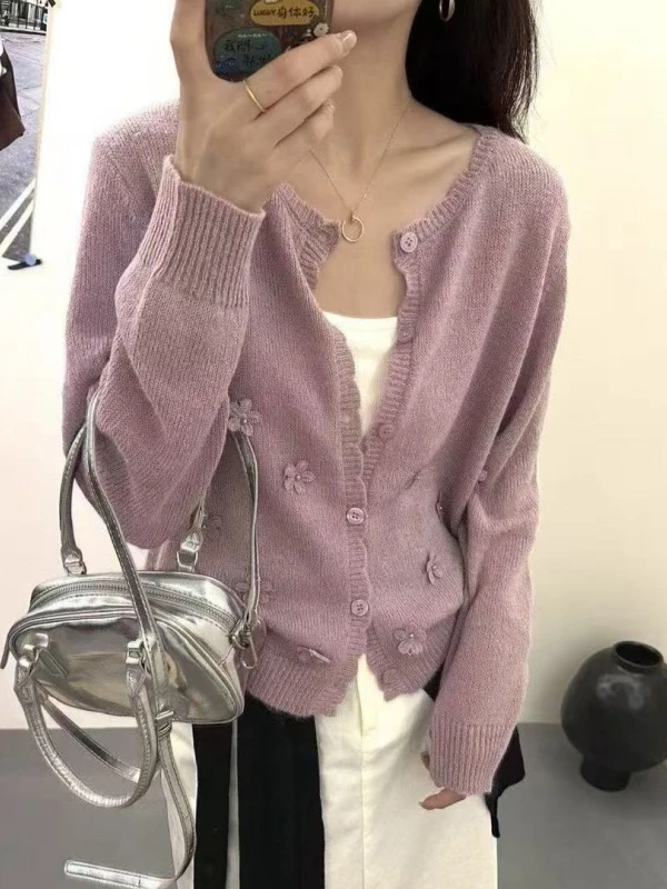 

Soft Wind Knitted Cardigan Women's Spring Autumn New Sle Versatile Purple Sweater ort Outerwear Tee Dimensional Flower ...