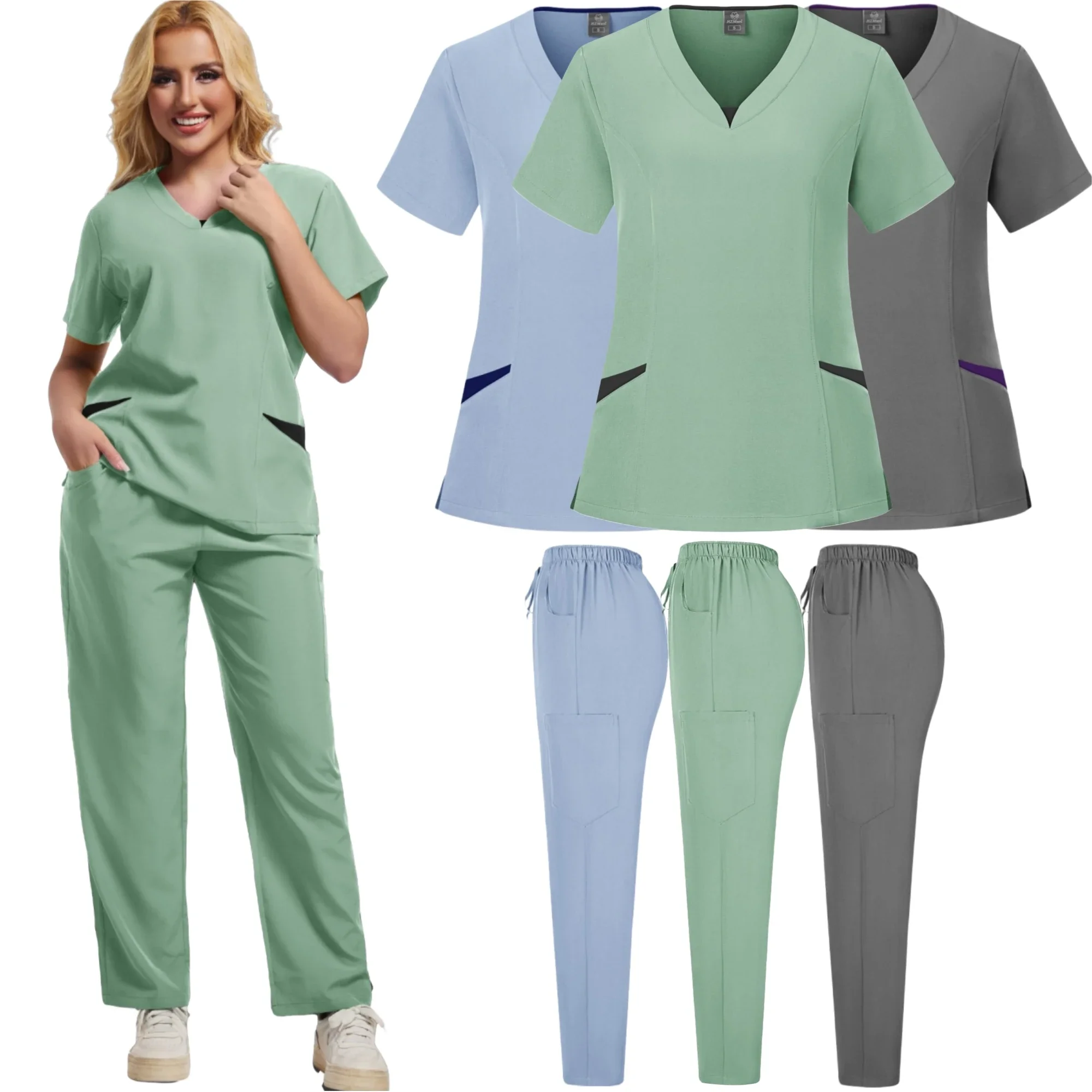 NEW Slim Fitting Elasticity Scrubs Sets Operating Room Medical Uniform Scrubs Uniform Nurse Women Beauty Color Surgery Suit