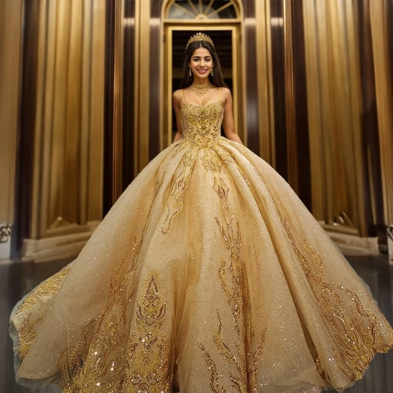 

Платье Quinceanera цвета шампанского, бальное платье на тонких бретельках, аппликация, кружево, бисер, кристалл, тюль, вечерние, день рождения, сладкое платье 16, Vestido
