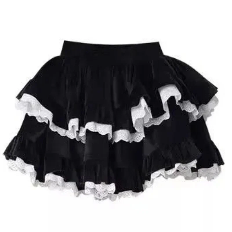 Autumn Winter Ruffle High Waist Black Skirts Lolita Mini Skirt Women Ballet Design Lace Splicing Fluffy Cake Skirt