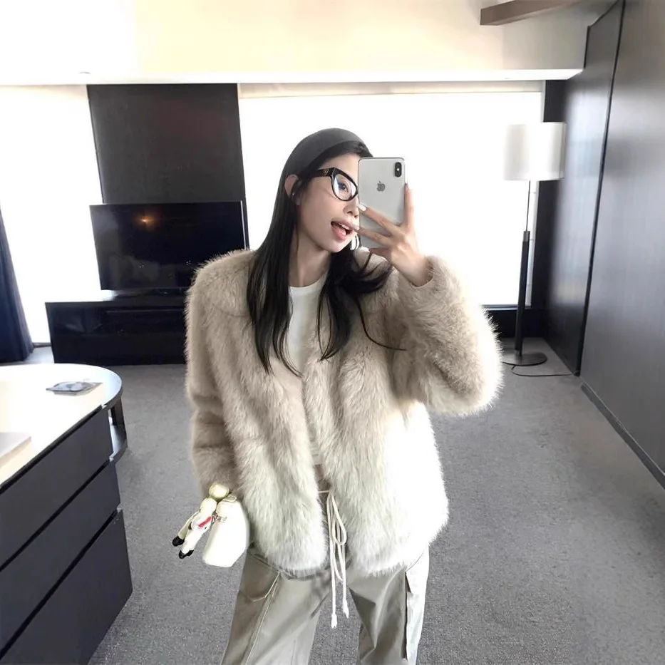 Women Faux Fur Fox Coats Jackets V Neck Casual Loose Coat Thick Warm Y2k Streetwear Jacket Elegant Work Outerwear Autumn Winter