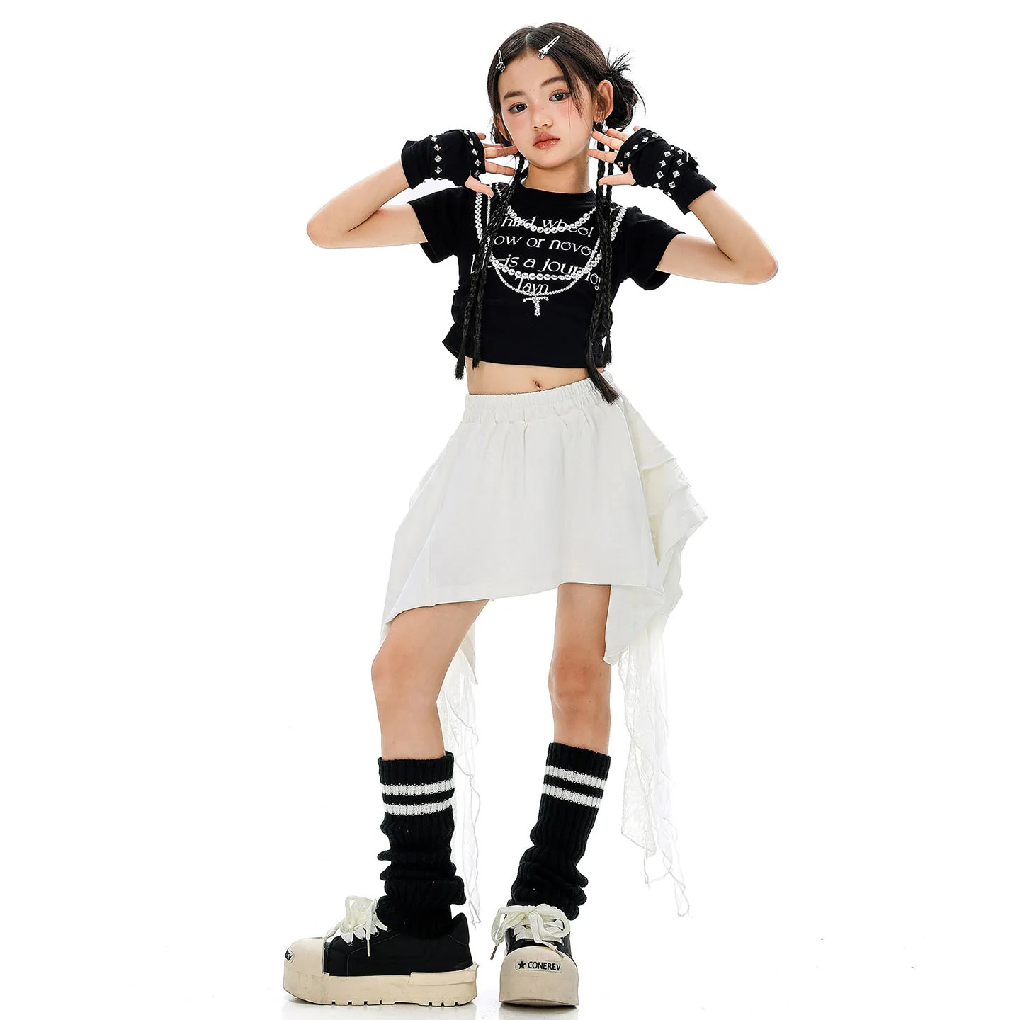 키즈 K팝 힙합 의류 블랙 사이드 러칭 크롭 티셔츠 탑 화이트 레이스 밑단 미니 스커트 소녀 재즈 댄스 의상