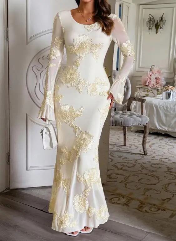 

2026 Spring/summer Elegant Flared Sleeve Jacquard Slim Fit Dress for Women's Wear