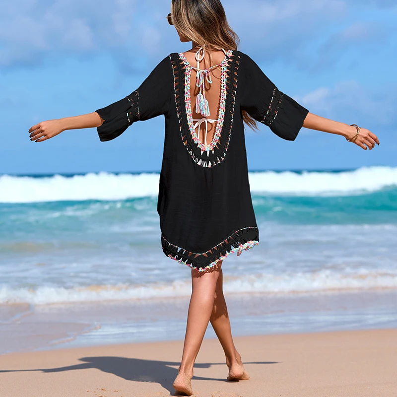 Fashion Casual Backless Tie Up Beach Cover-Up,V-neck Colorful Hand Hook Lace Trim See-through Dress for Women