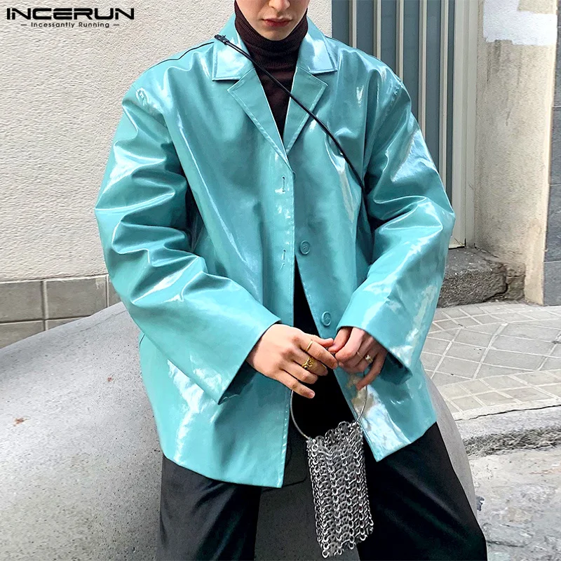 

INCERUN Tops 2025 American Style Fashion Men Shiny PU Leather Design Suit Coat Casual Streetwear Loose Solid Long Sleeved Blazer