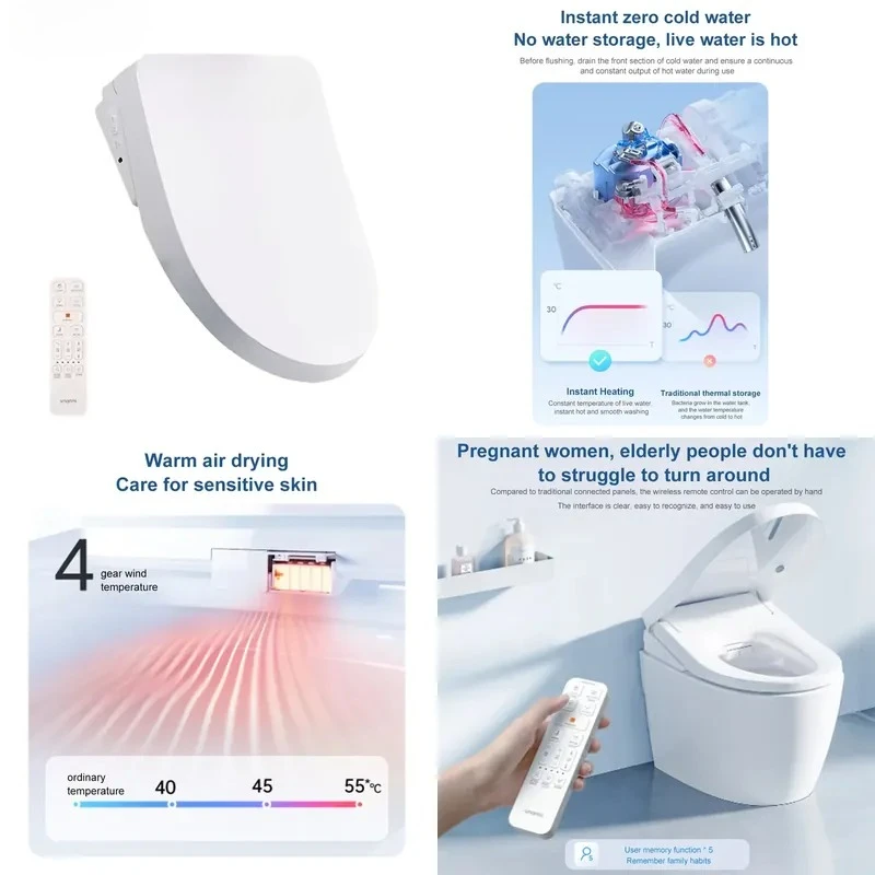 Smartmi Smart Toilet Seat Lid 2 Waterproof Electric Toilet Cover Antibacterial Smart Heated Bidet Toilet Seat w/ Remote