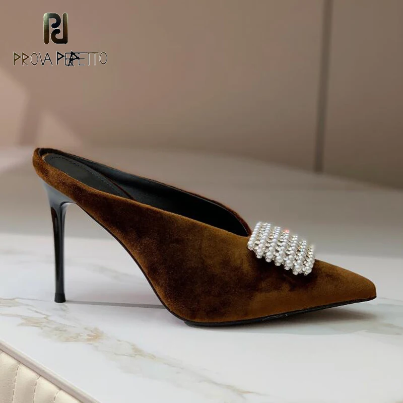 

Pearls Diamond Buckle Ladies Sexy Half Slippers Autumn Outdoor Thin Heel Stiletto Dress Shoe Elegant Female Velvet Brand Shoe