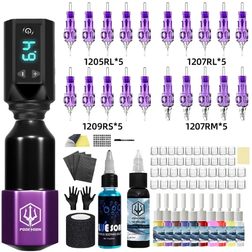 Kit de tatuaje POSEIDON, Kit de pistola de tatuaje ligera para maquillaje permanente, máquina de tatuaje, fuente de alimentación inalámbrica para tatuaje, Kit de pluma de tatuaje