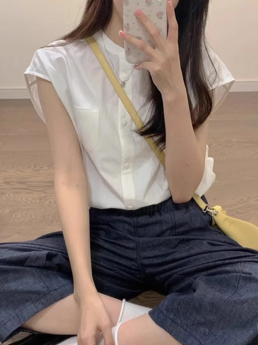 Ele White round Ne ort Sve irt Women's Summer Design Unique Small Fro irt Cotton Linen Blend Button up Top