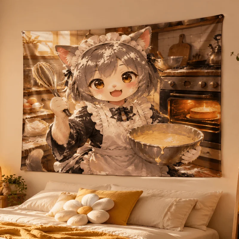VIKAMA Kitty Maid Cake Baking Tapestry Sweet Anime Kitty Printing Hanging Cloth Living Room Room Decoration