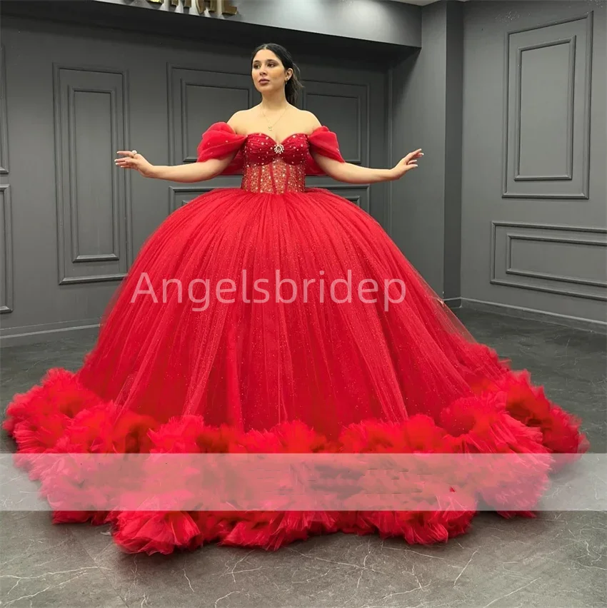 

Angelsbride 2025 Luxury Red Ball Gown Quinceanera Dresses Ruffle Off Shoulder Beading Sweet 16 Dress Vestido De 15 Anos Lace-Up