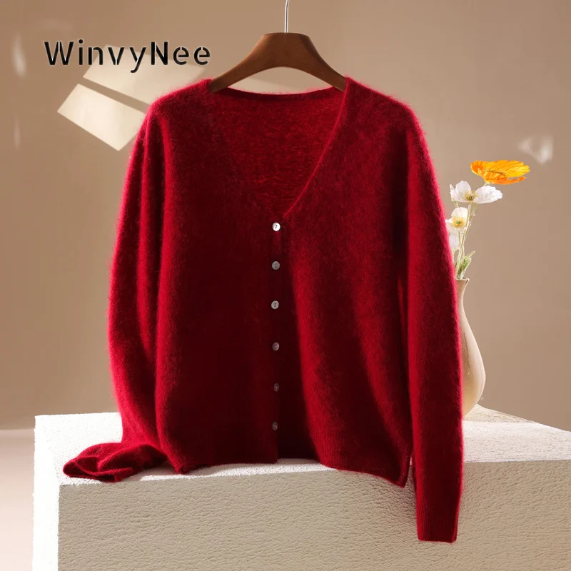 WinvyNee Women V‑Neck Single Breasted Knit Cardigan Cashmere Long Sleeve Outer Top Brushed Fabric Autumn New Daily Fit B1743010B