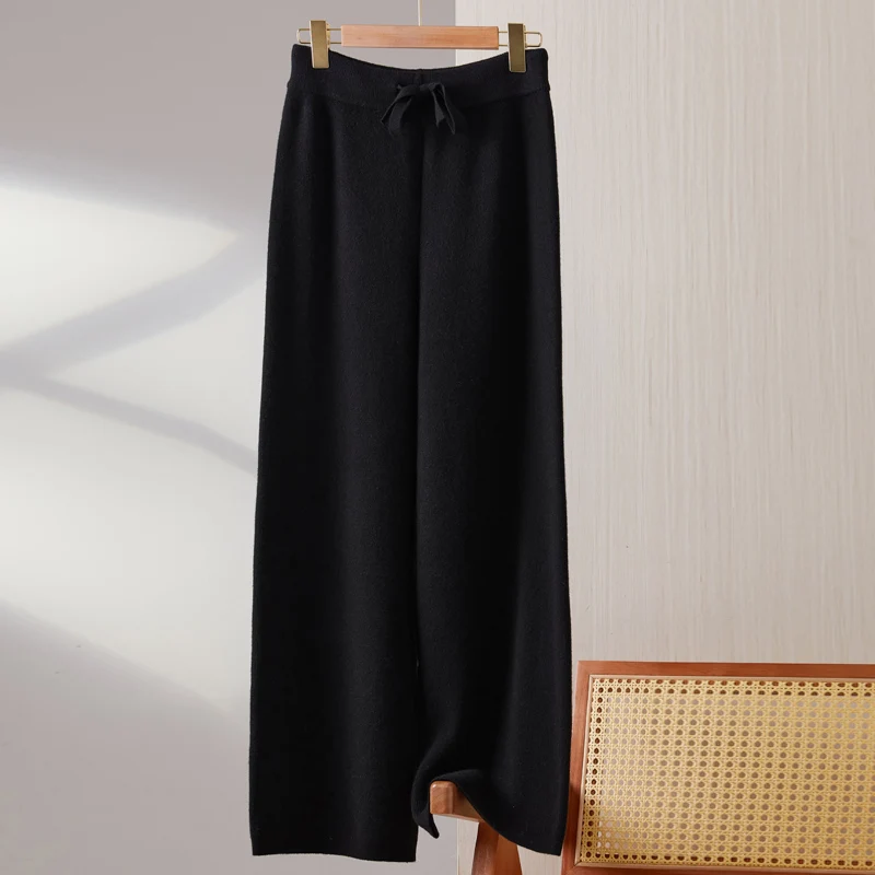 Long cashmere wide leg pants Hot 100% pure wool women wide leg pants solid color knitting women casual loose autumn and winter