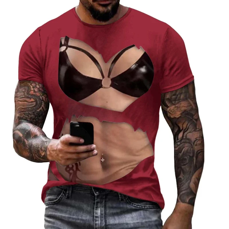 Funny Men's 3D Illusion Lace Babe Print T-Shirt Fake Bikini Short Sleeve Casual Party Streetwear Summer Crew Neck Tops