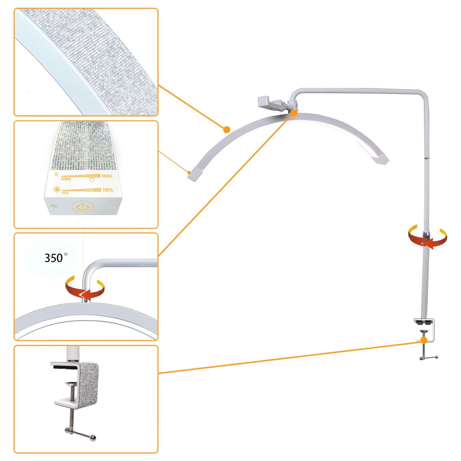 FOSOTO Modern Arch Half-Moon Shaped Light Led Nail Lamp Metal Bracket Fixing Clip Desk Light Stand Eyebrow Tattoo Beauty Salon