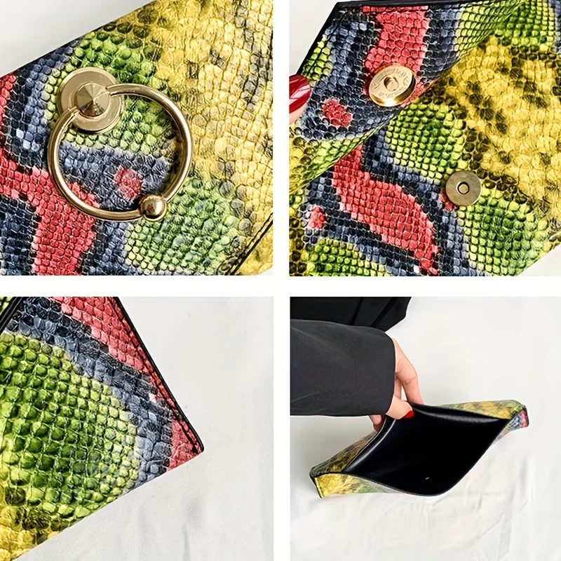 Snake Pattern Clutch, Envelop Mixed Color Phone Lipstick Coin Bag, Evening Bag, Clutch Bag For Banquet And Daily Use