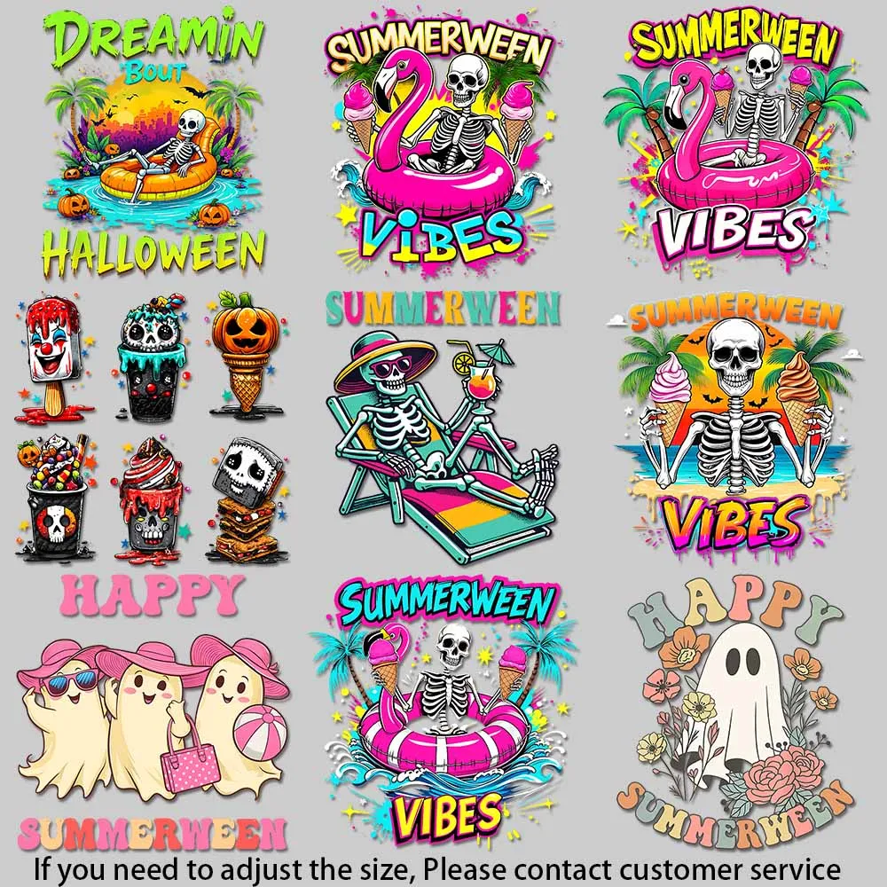 Esqueleto espeluznante, flotador de playa, arte de fiesta en la piscina de flamenco fantasma feliz, arte para planchar en la imagen en la ropa, varios colores, manualidades DIY