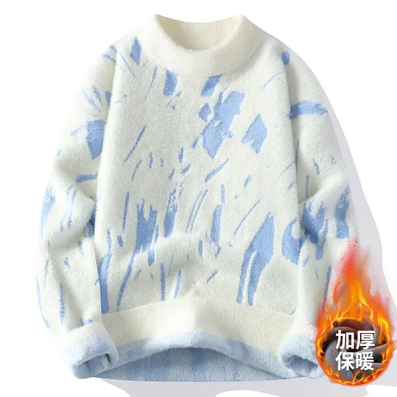 

Зимний мужской утепленный флисовый свитер с нерегулярным жаккардовым узором, повседневный пуловер с круглым вырезом, топы, мягкие вязаные свитера в полоску