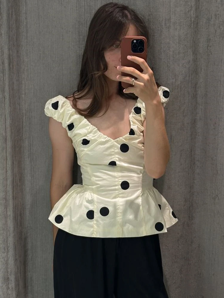 Ensemble jupe et haut à pois pour femme, décontracté, avec haut court à col en V et volants, et jupe midi évasée taille haute, style vintage élégant pour soirée