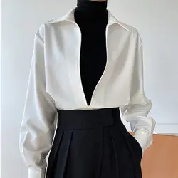 Chic England White Shirt Women Design Sense Spring Autumn Long Sleeve Vintage Korean V-Neck Corduroy Solid Color All-match Tops