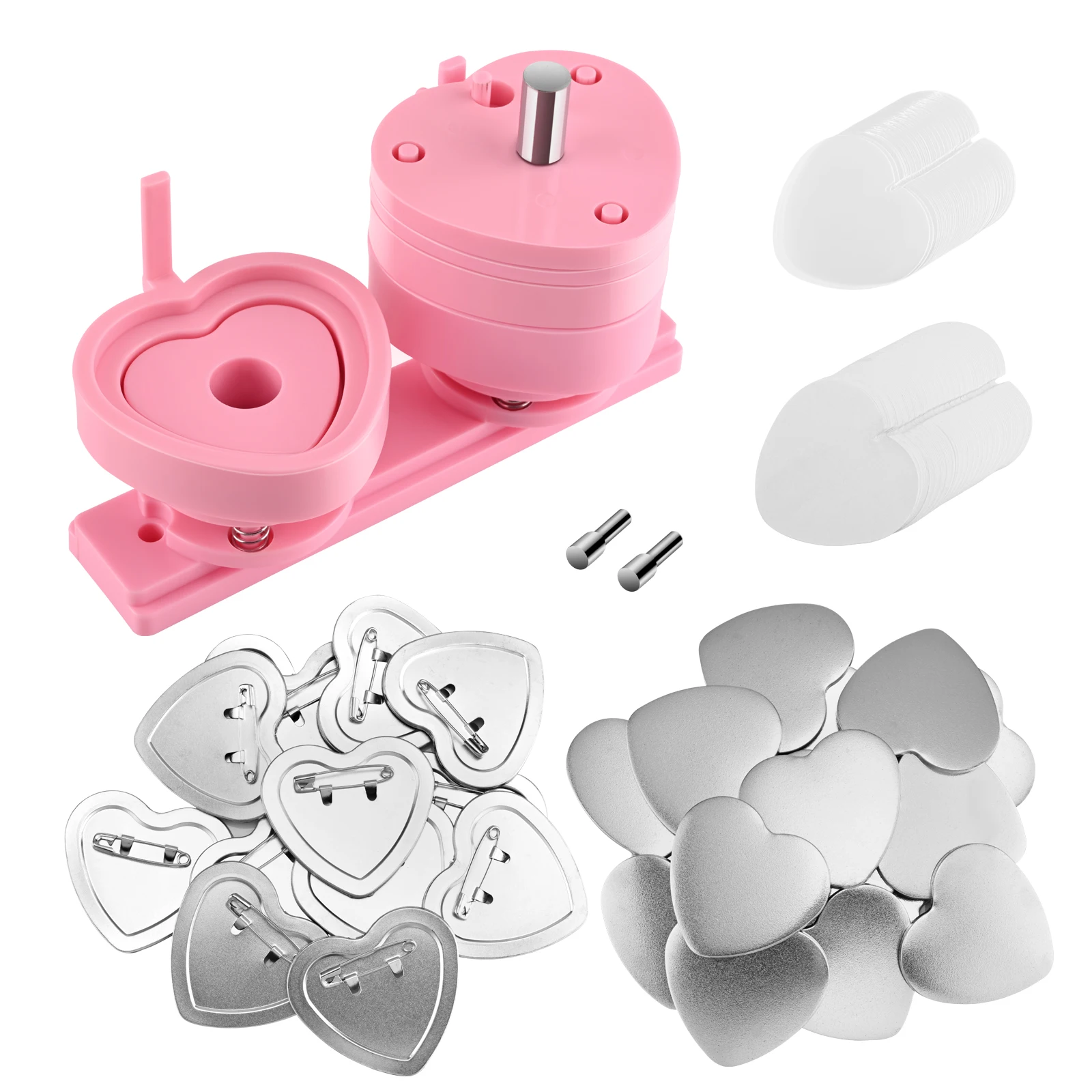 Pink Heart Shape 57*53mm Button Maker Machine Mold 100 Set Button Parts for Pin Badge Press Maker Slide Rail Machine DIY Making