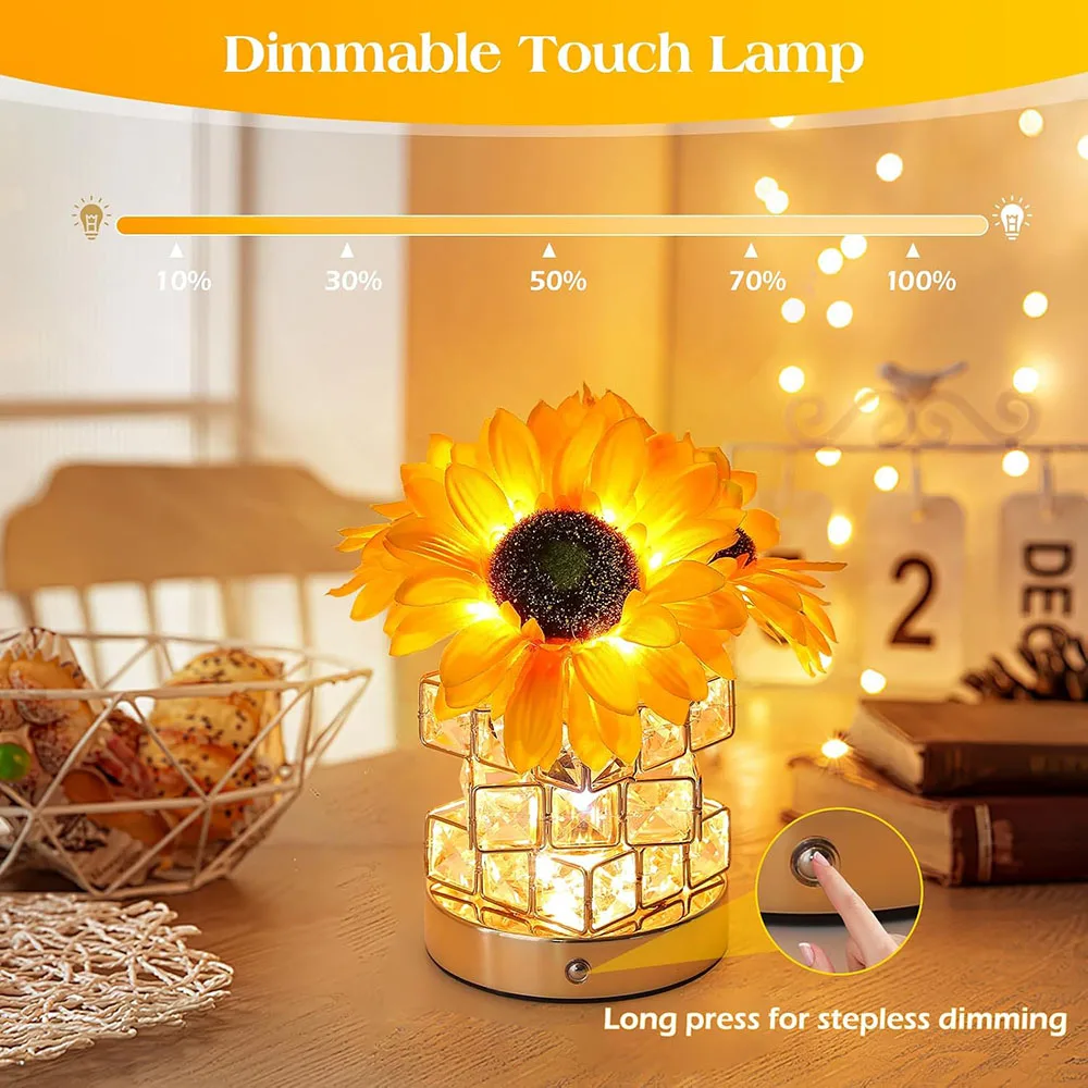 Sunflowers Flower Lamp,Rechargeable Cordless Touch Table Lamp,3-Colour Dimming Small Night Light,Festival Birthday Gifts