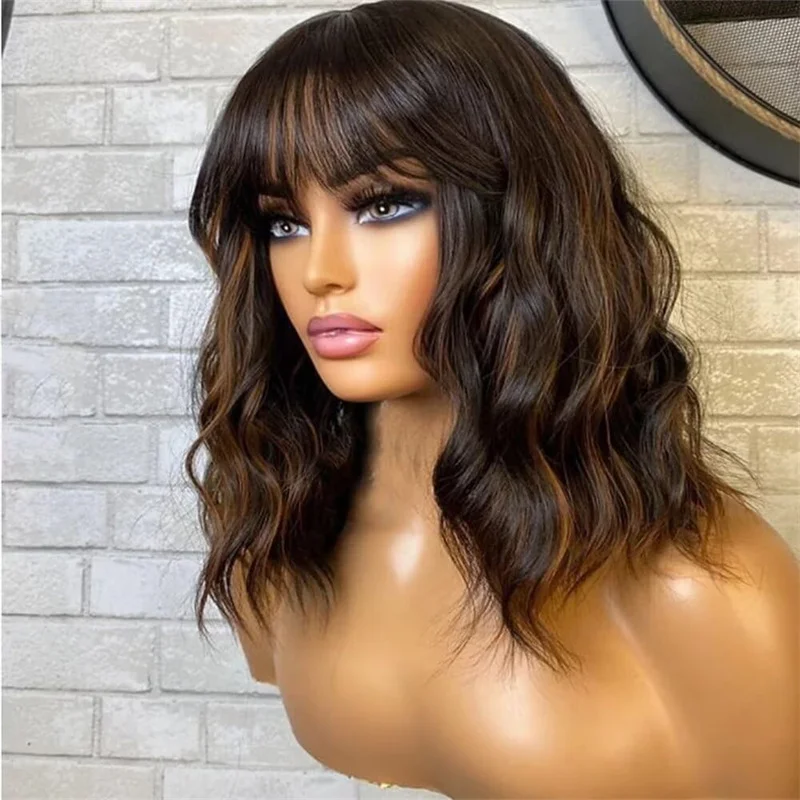 New in Wigs for Women Natural Hair Wig with Bangs Ash Brown Highlights Lace Frontal Wig Fringe Bob Human Hair Wig Wavy Qearl