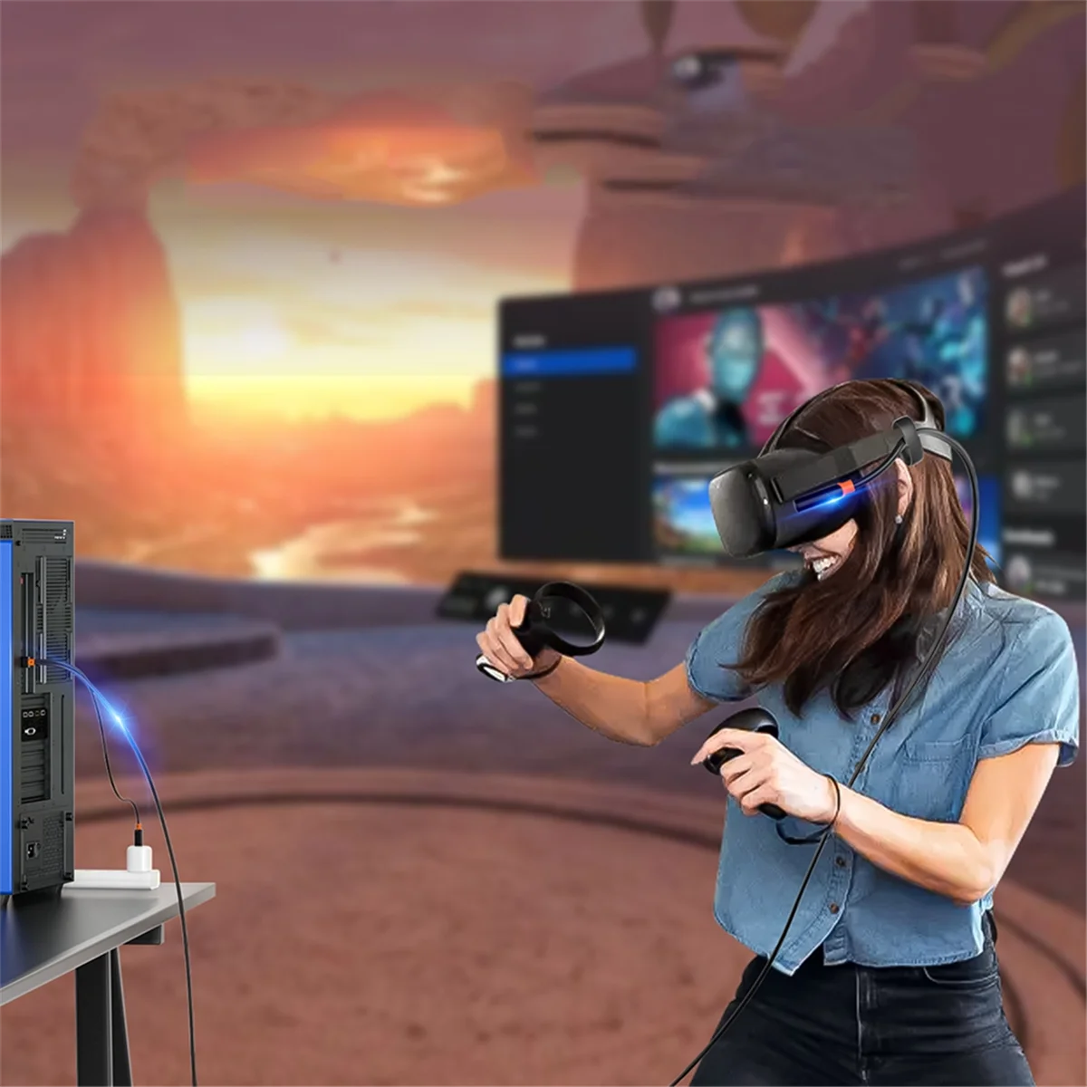 كابل توصيل ABYL USB3.2 Gen1 VR لـ Oculus Quest 1 2 3/PICO Neo 3/PICO 4 شحن سريع 9 فولت 2 أمبير 5 جيجابت في الثانية USB-C خط بث VR