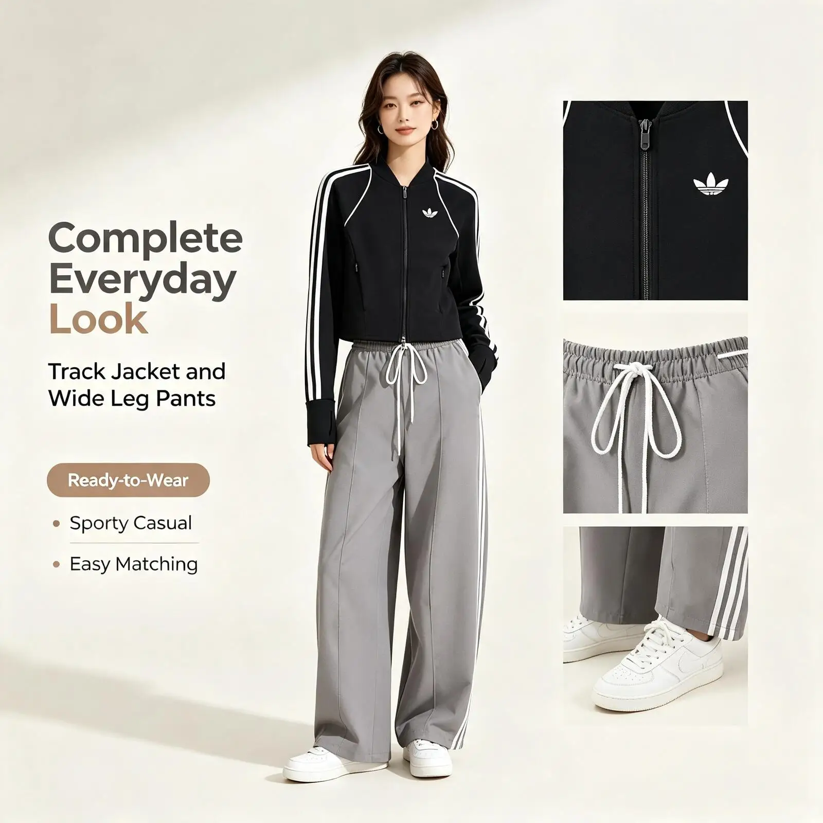 Adidas Sporty Two-Piece Outfit Set, Black Cropped Zip Jacket and Gray Wide Leg Drawstring Pants, Casual Track Suit
