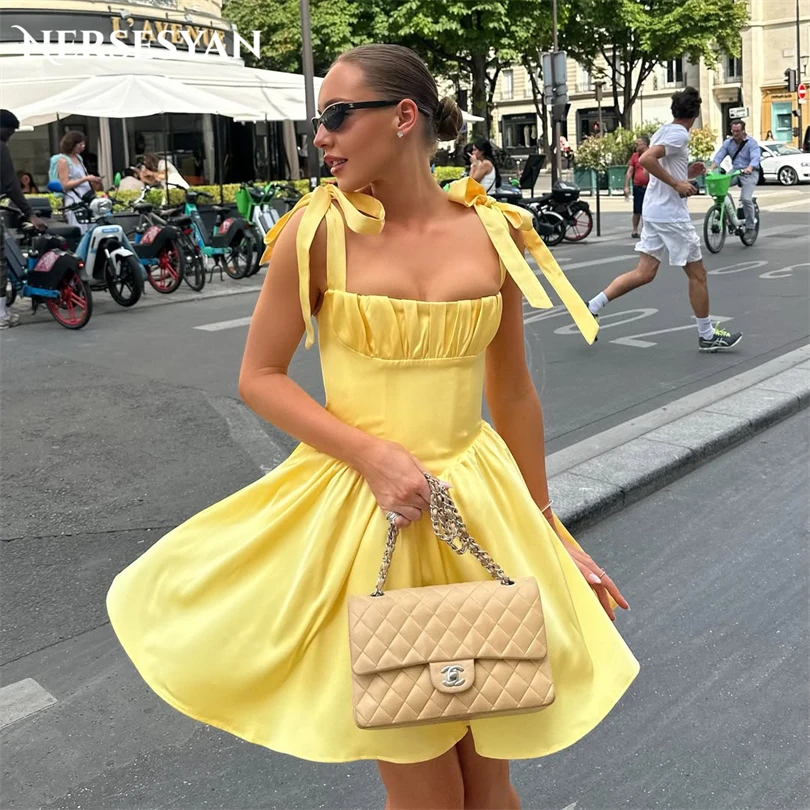

Nersesyan Simple Yellow Prom Dresses Spaghetti Straps Bow Straps Mini Graduation Gowns 2025 Summer Guest Party Dress Customized