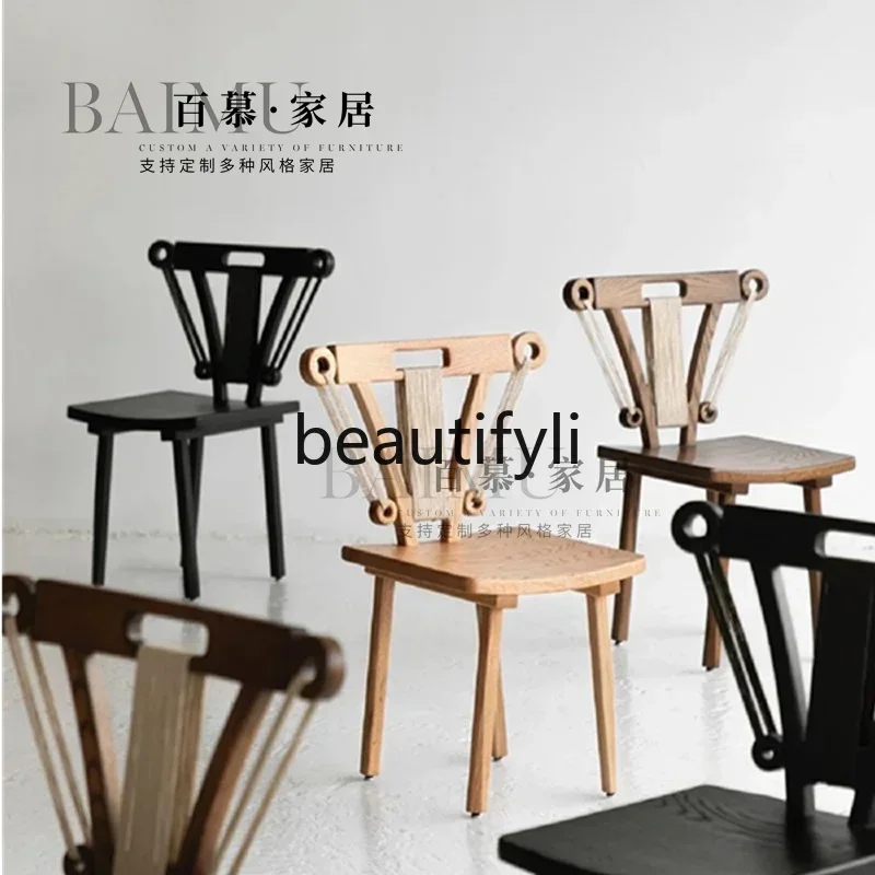 

ss K178ss25 Retro solid wood dining chair household rattan dining table simple homestay sales department negotiation chair