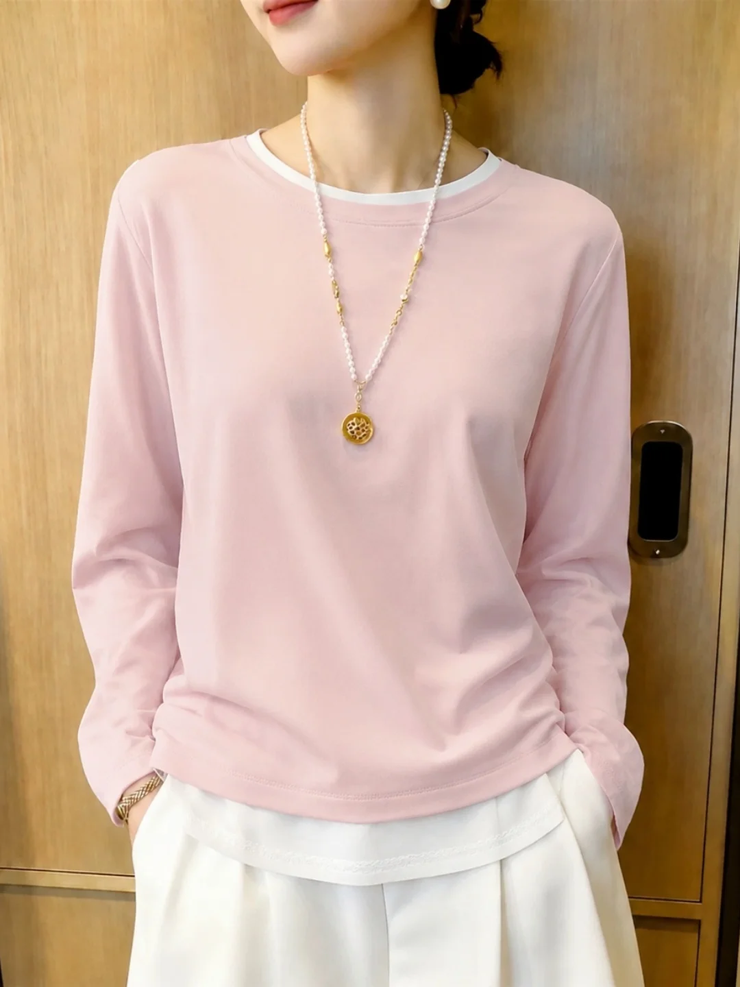 Fall 2026 New Design Long Sleeve Versatile T-Shirt Korean Style Sweet Fashionable Color Block Fake Two-Piece Top for Women