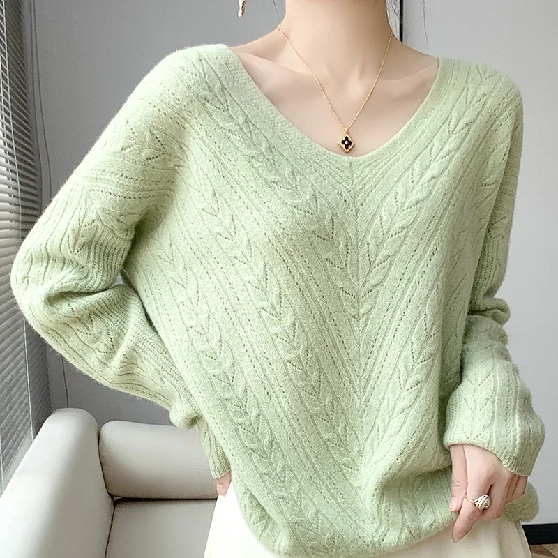 Autumn Winter 100% Wool Sweater Women\'s V-Neck Pullover Loose Hollow Sweater Cashmere Women\'s Long Sleeve Top Large Size Sweater