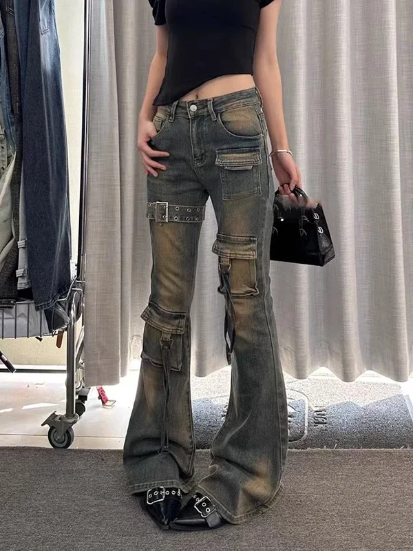 Amerikanische Retro High Street Mutil Taschen Gothic Punk Frauen Cargo Jeans 2025, Herbst Streetwear Vintage Micro Flared Denim Hosen