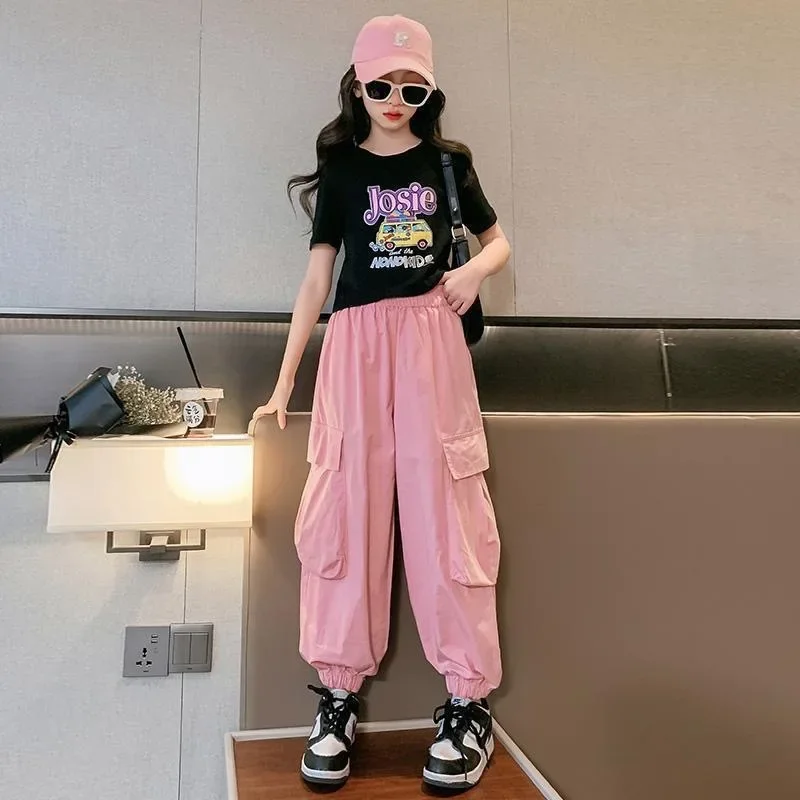 

2024 Teenager Girl summer Kids Clothes letters crop top t-shirt tops + Ankle-tied cargo pants Tracksuit Children set 11 12 year